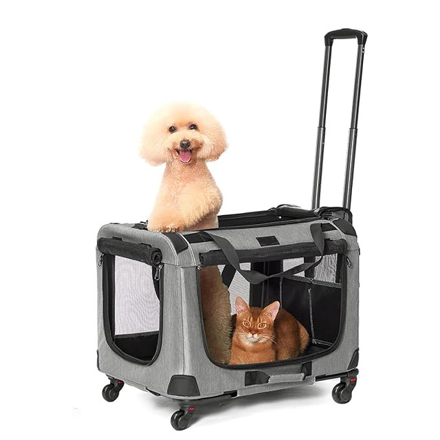 Rolling Dog Cat Carrier with Wheels Collapsible Extra Large Cat Pet Carrier for 2 Cats with Telescopic Handle for Vet Visits