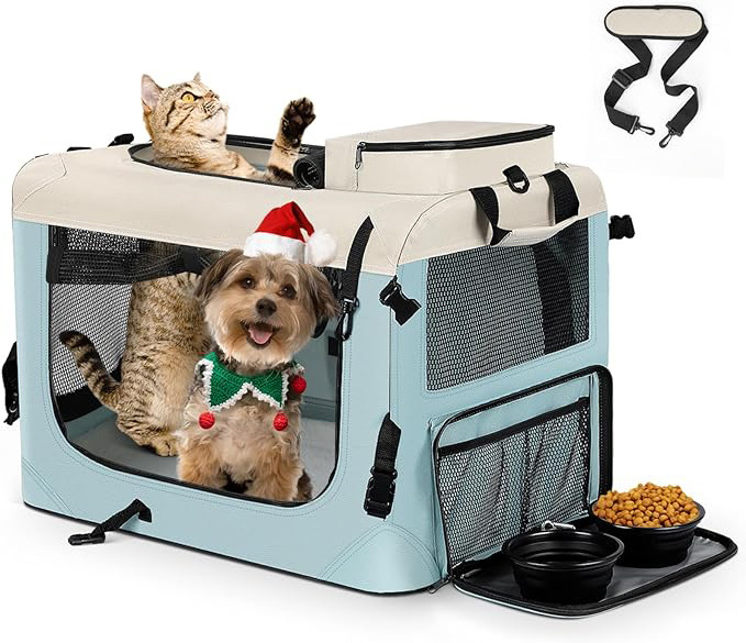 Large Cat Carrier Soft Dog Crate with 2 Bowls Collapsible Travel Pet Carrier Bag for Cats Dogs Puppies Kittens