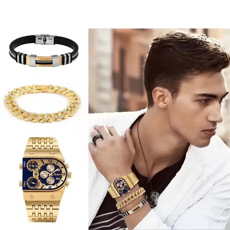 Oulm 9315 Luminous luxury Men's Watch With Diamond Bracelets Set Gold Strap Steel Band Casual Quartz Style Watch for Men Clock