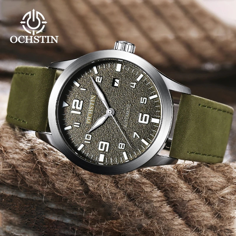 OCHSTIN Green Boys Automatic Wristwatch For Man Mechanism Watch Genius PU leather Band Water Resistant Auto With Date Calendar