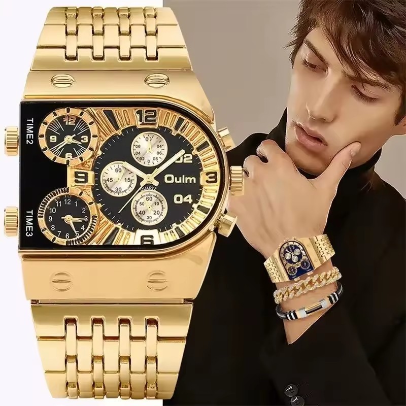 Oulm 9315 Luminous luxury Men's Watch With Diamond Bracelets Set Gold Strap Steel Band Casual Quartz Style Watch for Men Clock