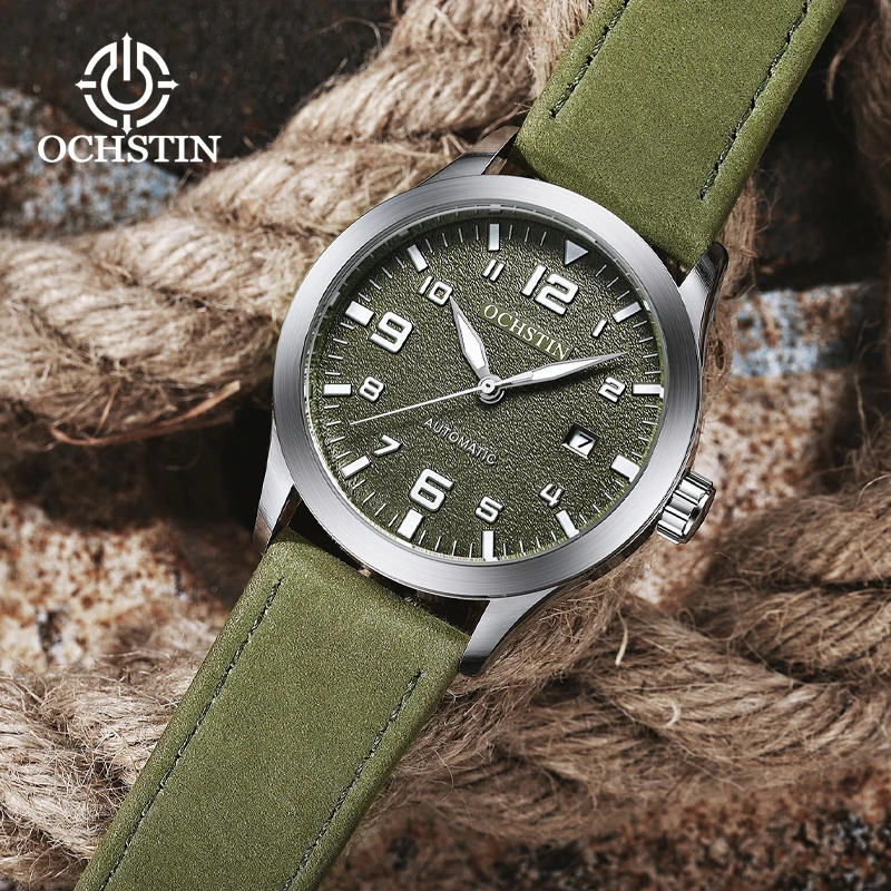 OCHSTIN Green Boys Automatic Wristwatch For Man Mechanism Watch Genius PU leather Band Water Resistant Auto With Date Calendar