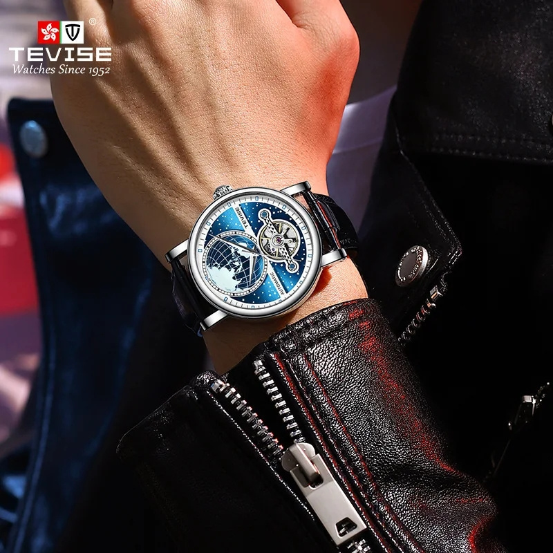 Tevise Fashion Brand Mechanical Watch Leather Tourbillon Design Mechanical Watch for Man Waterproof Clock Masculino Relogio