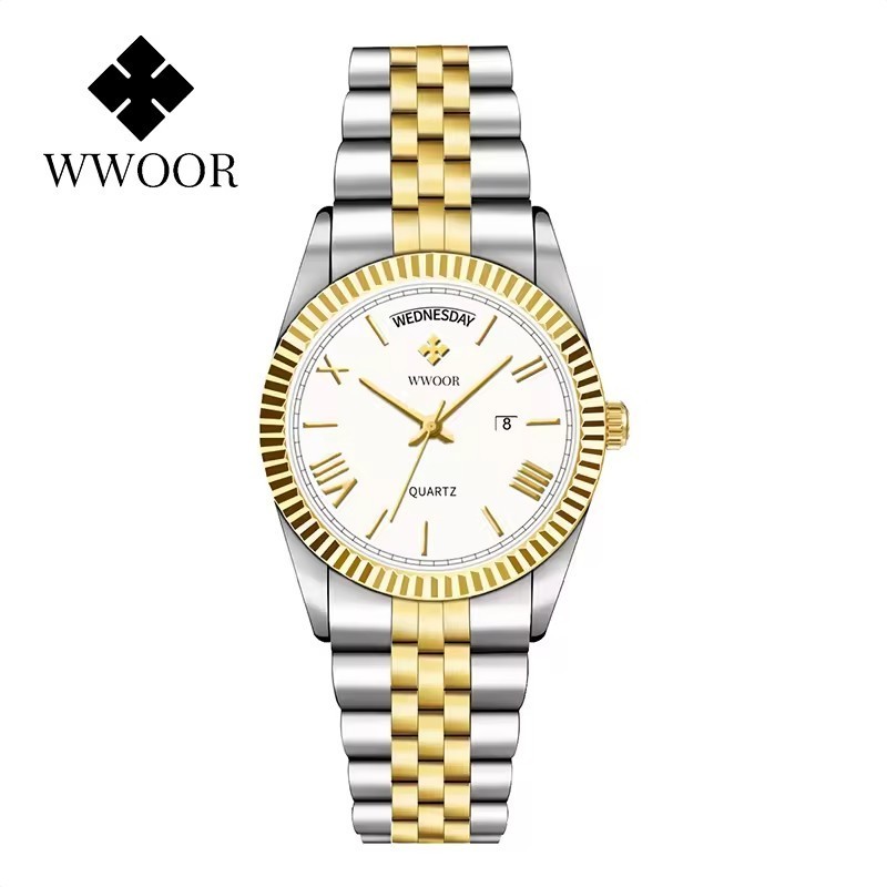 WWOOR Full Gold Classic Business Men Quartz Wrist Luxury Style Calendar Weekly Display Watch For Men Montre Homm  8886