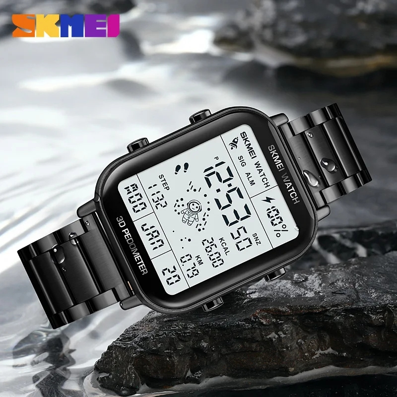 SKMEI 1888 Men Multifunctional Pedometer Calories Mileage Dual Time Stainless Steel Sports Waterproof Digital Watch