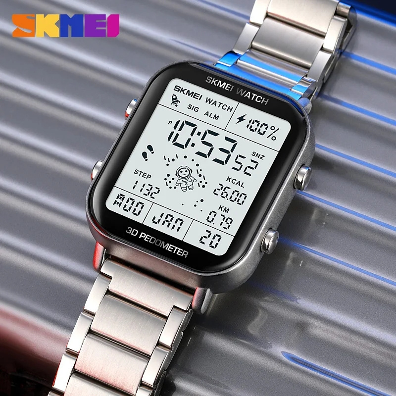 SKMEI 1888 Men Multifunctional Pedometer Calories Mileage Dual Time Stainless Steel Sports Waterproof Digital Watch