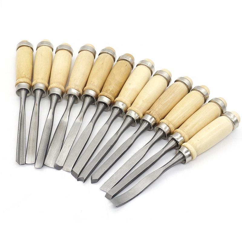 Wood Carving Knife Set 12 PCS Hand Carving Tool Set Plastic Bag Carbon Steel Wooden Handle Carving Chisel