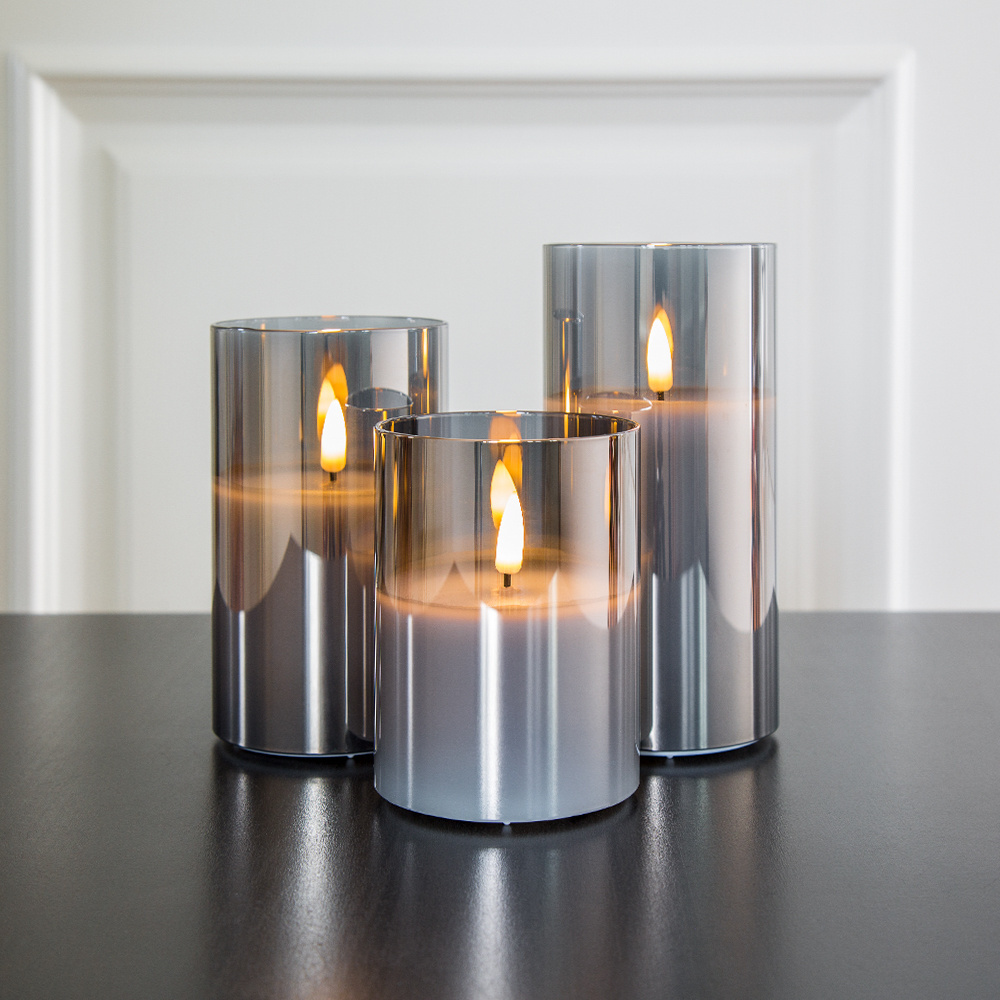 Matti's home decoration 3d real flame pillar 6 key remote control grey glass flameless led candle