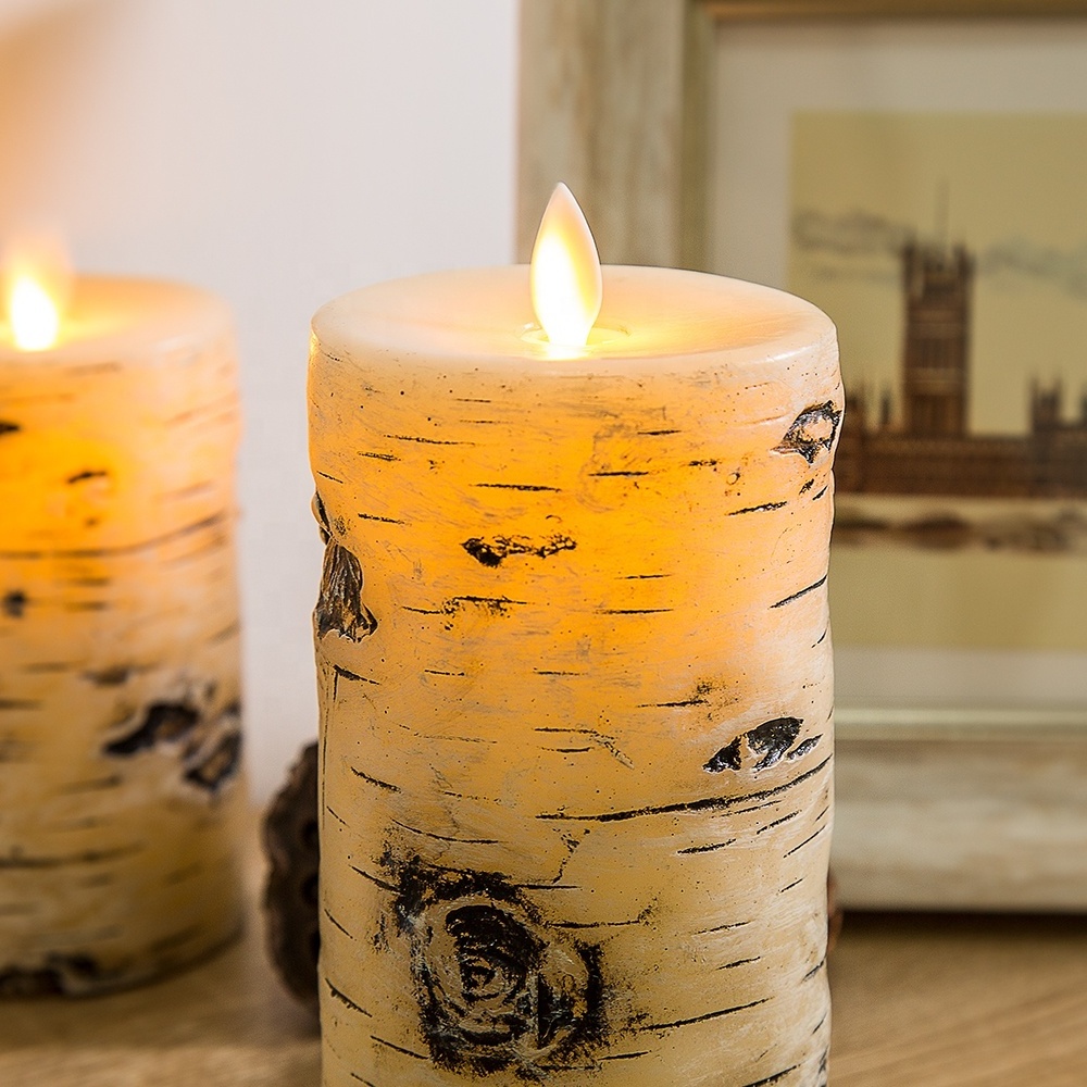 Matti's moving flame birch bark Painting carving D3'' H4'' 5'' 6'' pillar flat ivory paraffin wax LED flameless candle