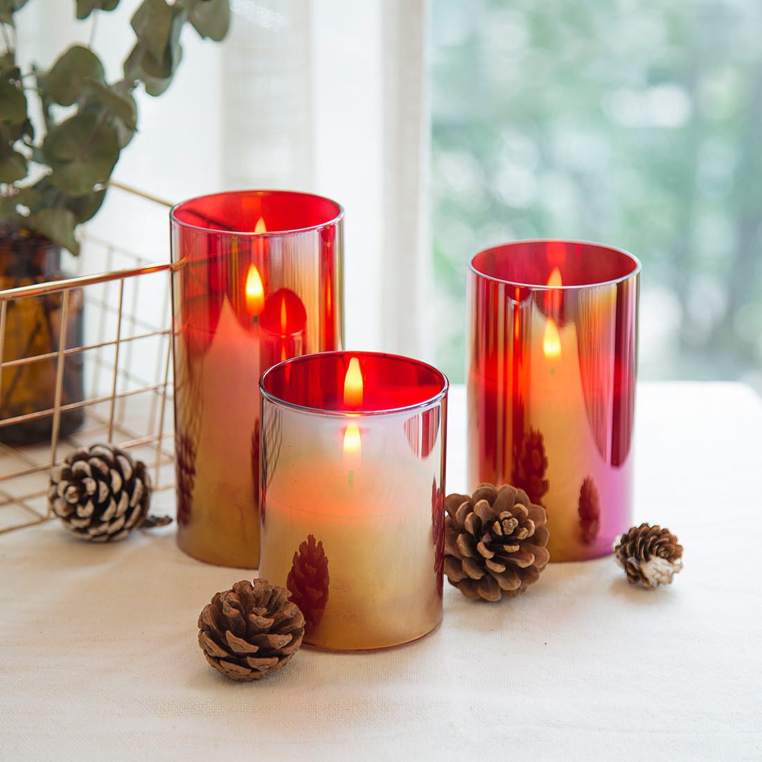 best seller 3d real flame pillar red glass home decoration remote timer 4 8 hours flameless led scented candle