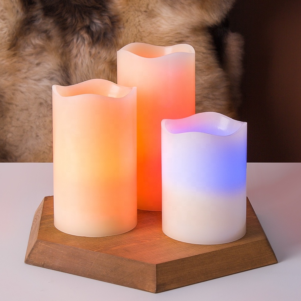 set of 3 simulation wick D7.5 H10 H12.5 H15 pillar waved paraffin wax battery operated remote color changing cheap led candle