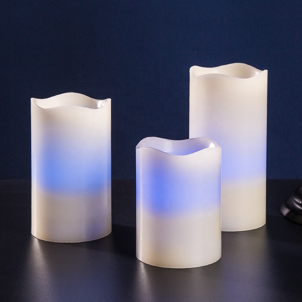 set of 3 simulation wick D7.5 H10 H12.5 H15 pillar waved paraffin wax battery operated remote color changing cheap led candle