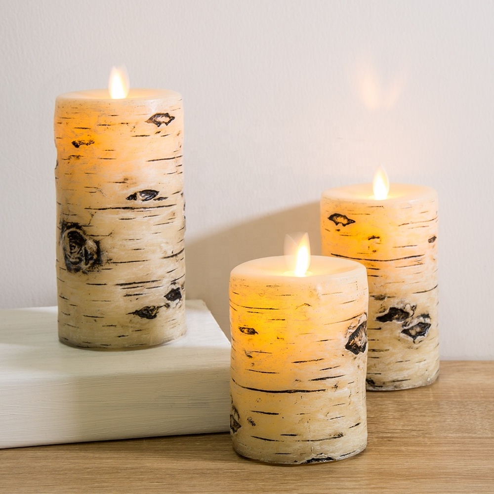 Matti's moving flame birch bark Painting carving D3'' H4'' 5'' 6'' pillar flat ivory paraffin wax LED flameless candle