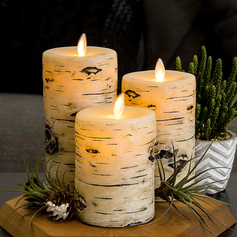 Matti's moving flame birch bark Painting carving D3'' H4'' 5'' 6'' pillar flat ivory paraffin wax LED flameless candle