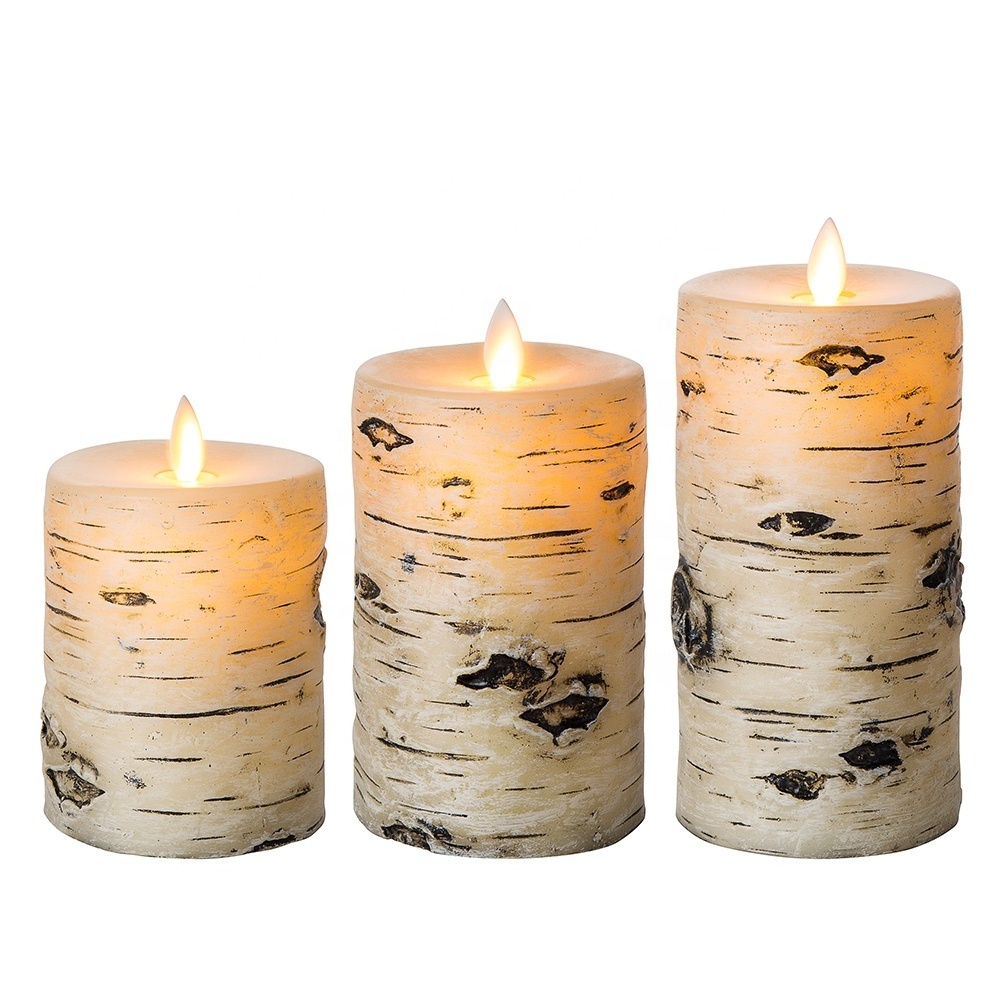 Matti's moving flame birch bark Painting carving D3'' H4'' 5'' 6'' pillar flat ivory paraffin wax LED flameless candle