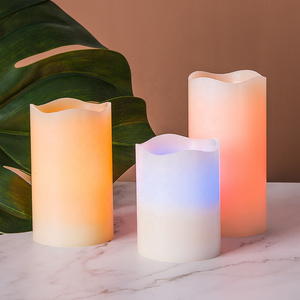 set of 3 simulation wick D7.5 H10 H12.5 H15 pillar waved paraffin wax battery operated remote color changing cheap led candle