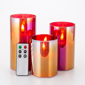 best seller 3d real flame pillar red glass home decoration remote timer 4 8 hours flameless led scented candle