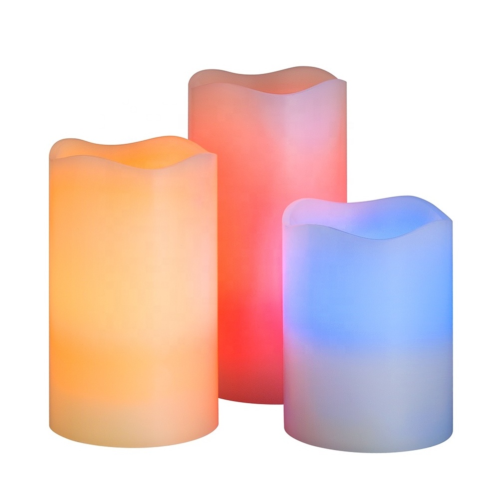 set of 3 simulation wick D7.5 H10 H12.5 H15 pillar waved paraffin wax battery operated remote color changing cheap led candle