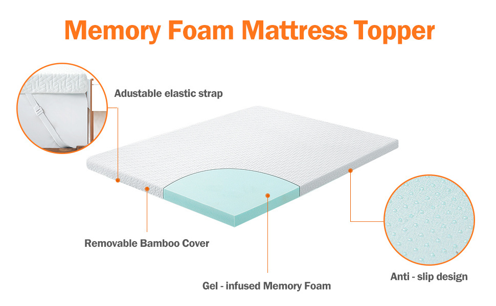 AIDI Soft Breathable 3 Inch King Size Cooling Gel Memory Foam Mattress Topper Bed Topper With Removable Bamboo Cover