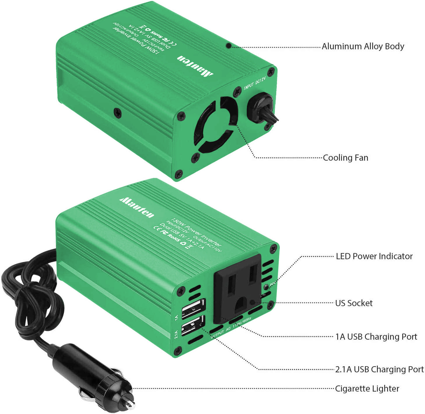 150W DC 12V To AC 110V Mppt Controller Car Inverter Laptop Charger Adapter With USB And AC Outlet