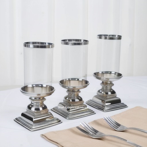 Top Design Metal/Glass Hurricanes Pillar Holder Silver Plated Indoor Lighting & Hotel Decor Luxury Candle Pillar Holder