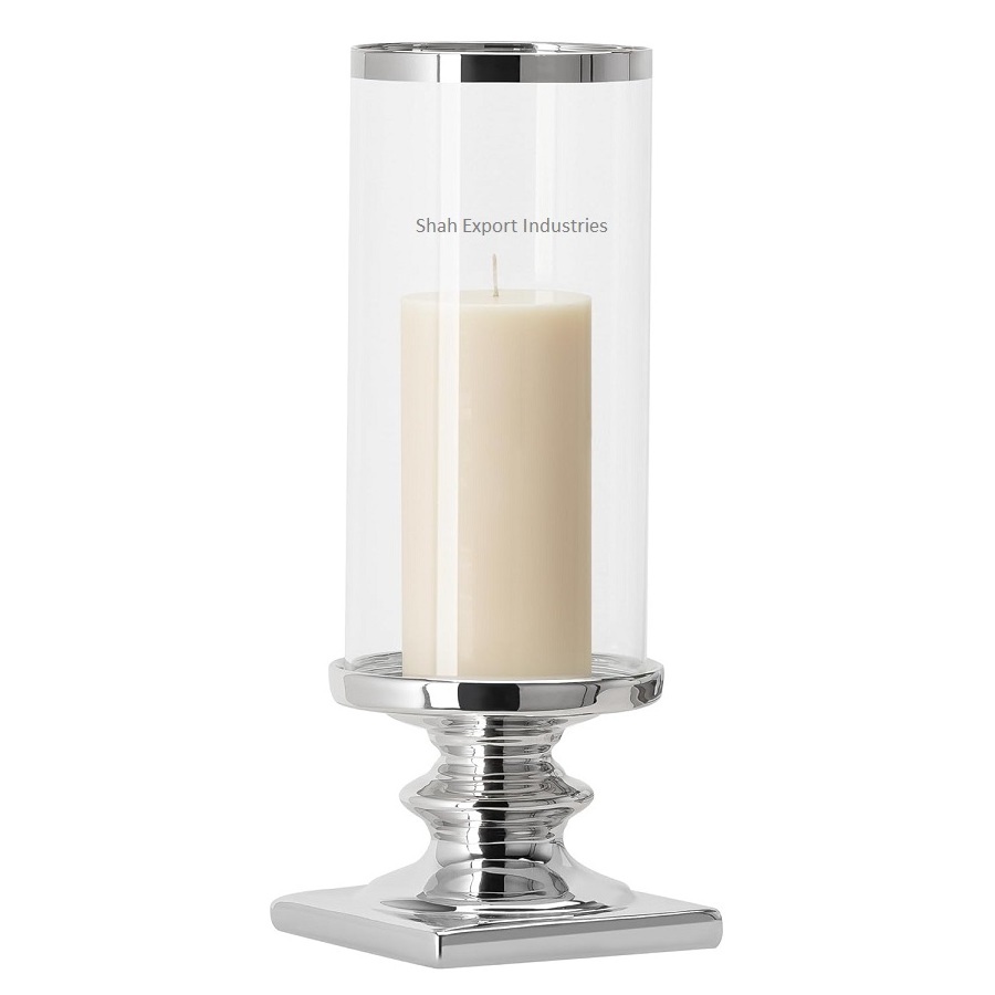 Top Design Metal/Glass Hurricanes Pillar Holder Silver Plated Indoor Lighting & Hotel Decor Luxury Candle Pillar Holder