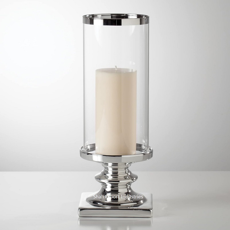 Top Design Metal/Glass Hurricanes Pillar Holder Silver Plated Indoor Lighting & Hotel Decor Luxury Candle Pillar Holder