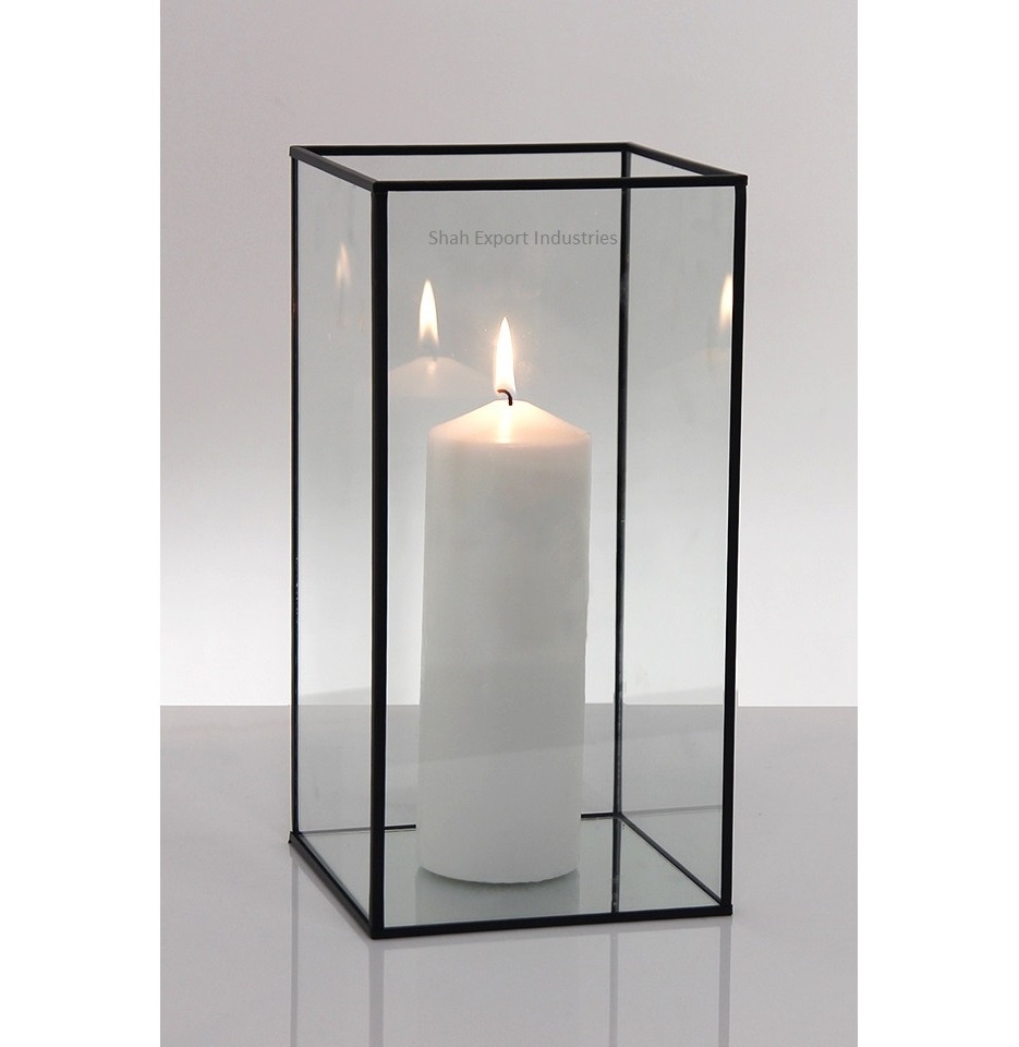 Home decor rectangular shape clear glass candle holders Metal Black framed Candle Votive for table centerpieces