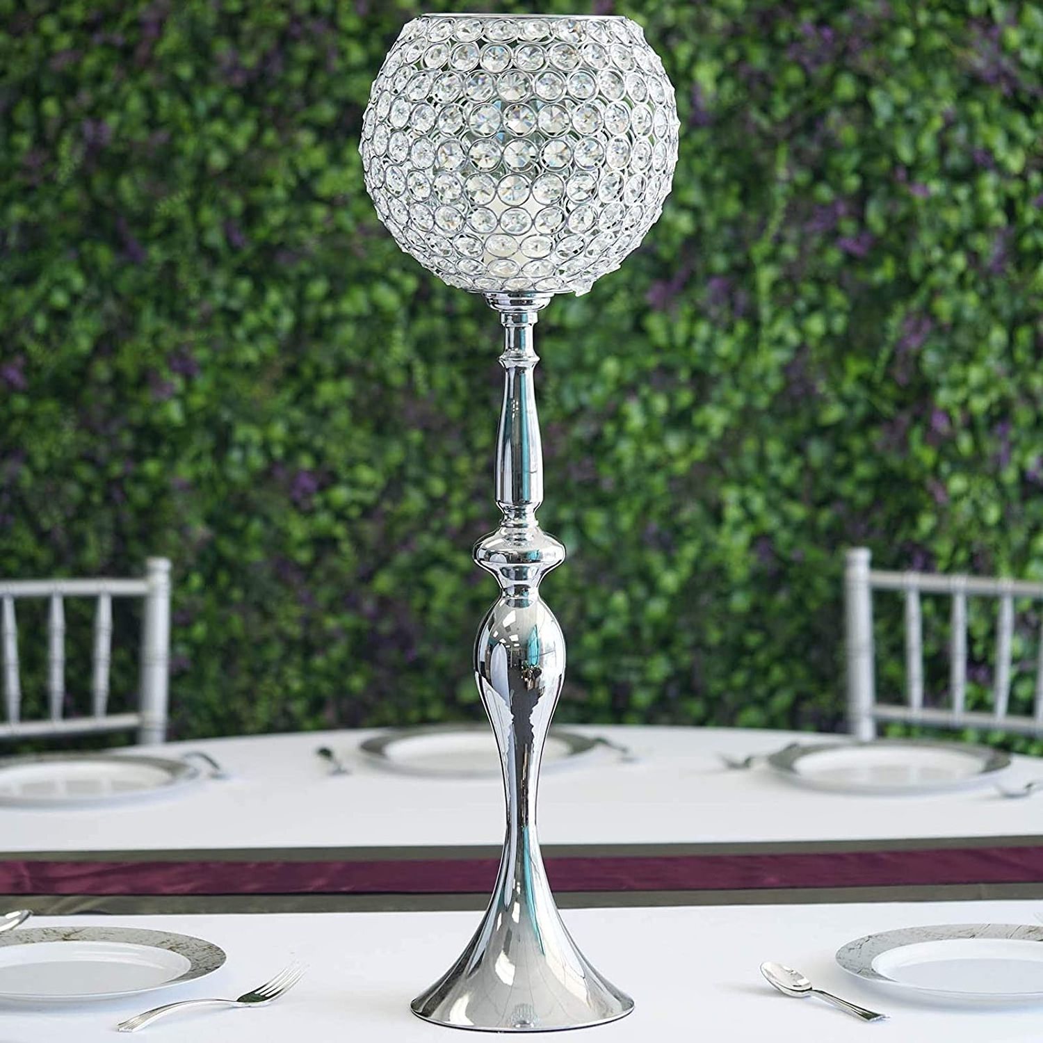 Glamorous silver acrylic crystal Goblet Candle Holder Flower Ball Stand decorated pillar candle holder wedding table centerpiece