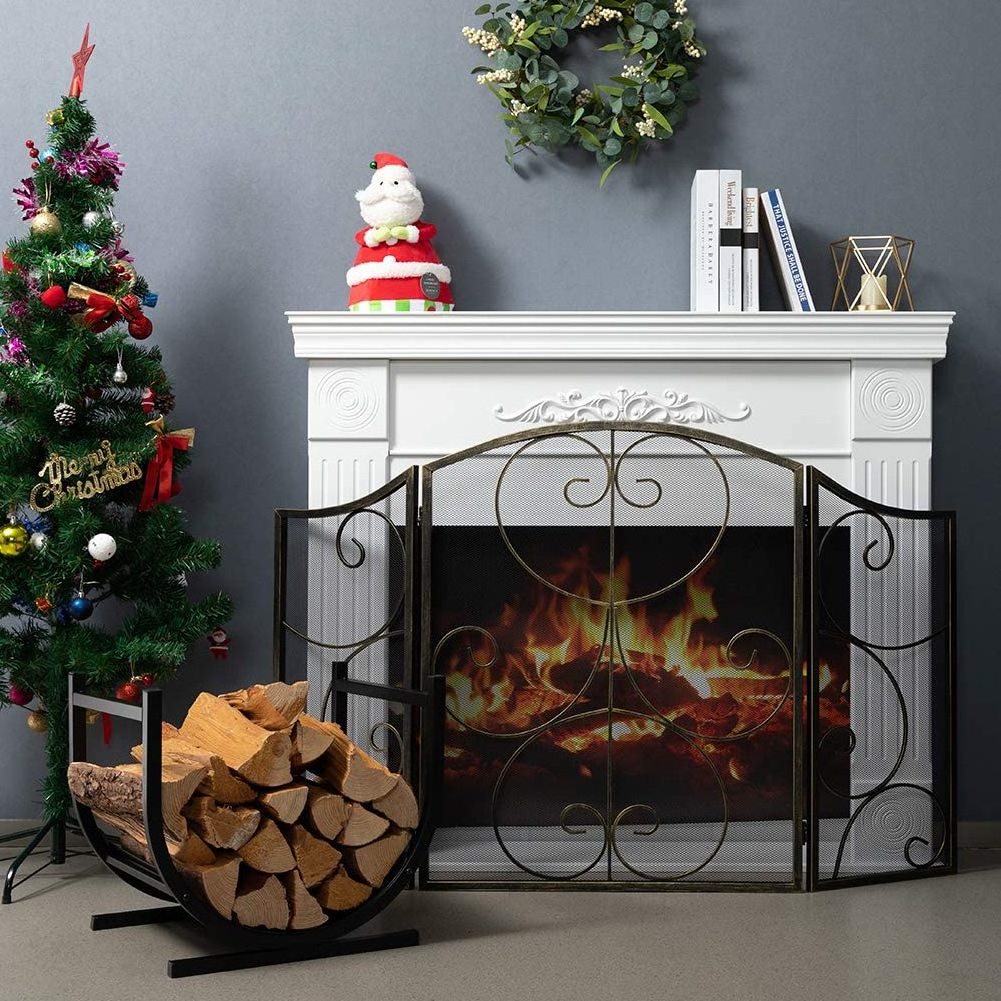 Log Hoop Firewood Rack Curved Fireplace Wood Storage Holder Indoor/Outdoor Heavy Duty Iron Black Finished