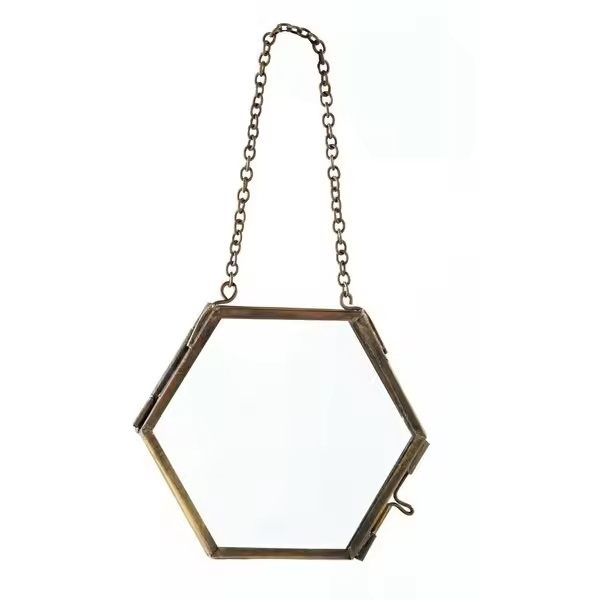 Hexagon shape wall hanging Glass Kiko Frame For Home decorative pressed leaves with gold chain photo frame