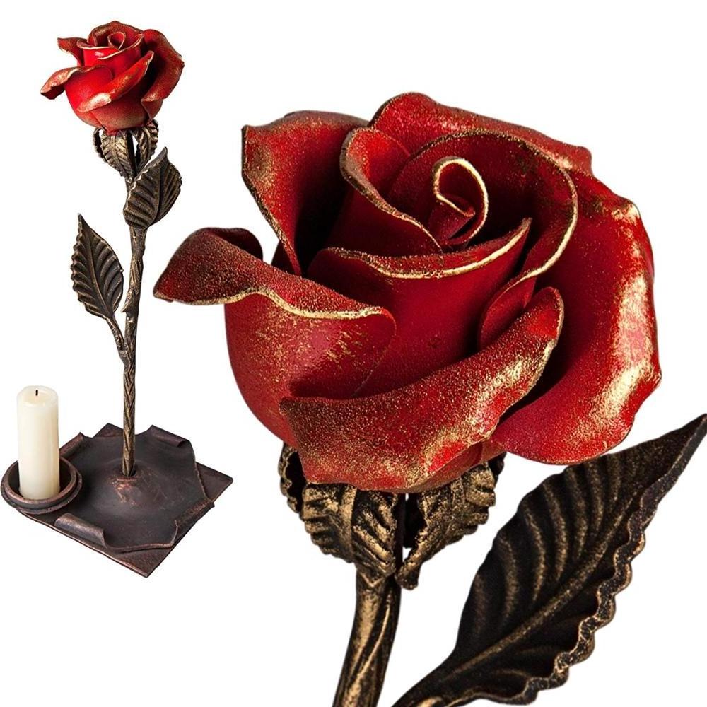 Glamorous Metal Rose Cover Leaves Gift of Everlasting Love Home Decoration Wrought Iron India Flower in Antique Red