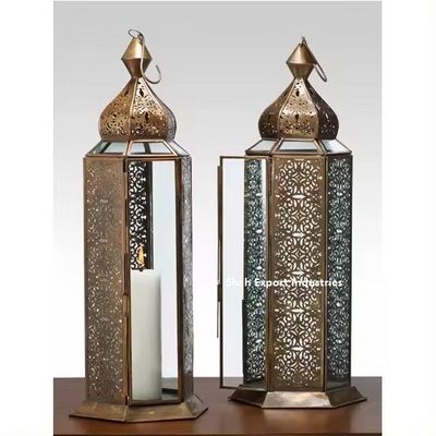 Modern Design Metal & Glass Tall Candle Lantern Gold Finished For Indoor & Outdoor Decor Handmade Hanging Lantern