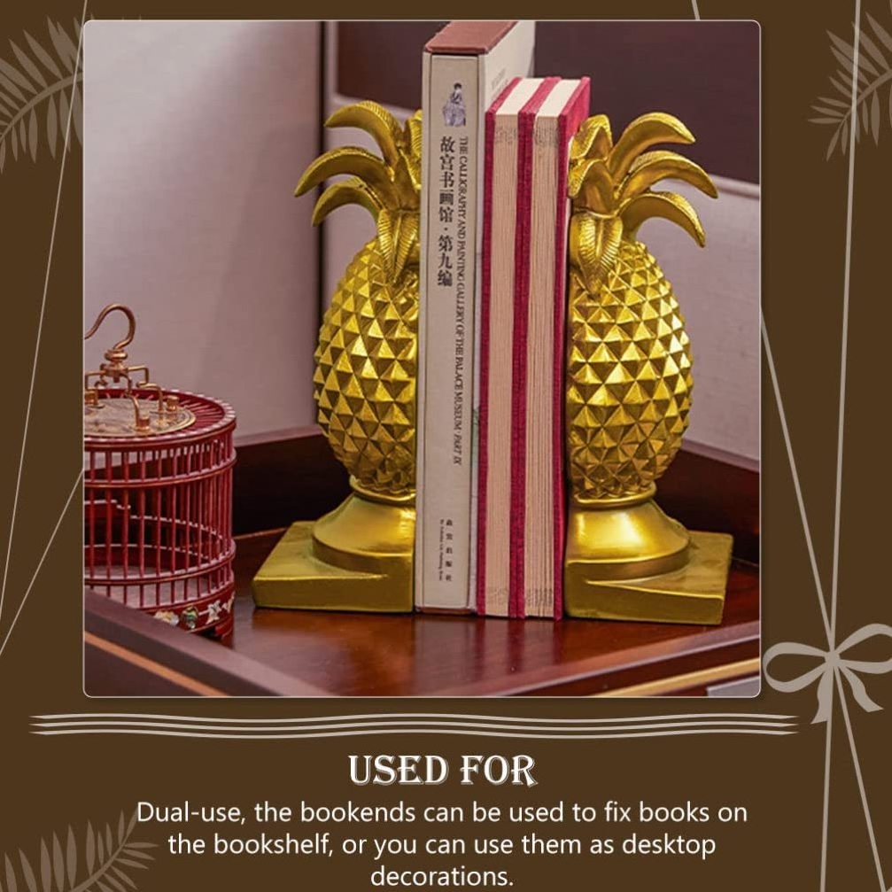 New Decorative Metal Bookends Pineapple Gold Bookends for Heavy Book Accent Library Office Home Shelf Decoration