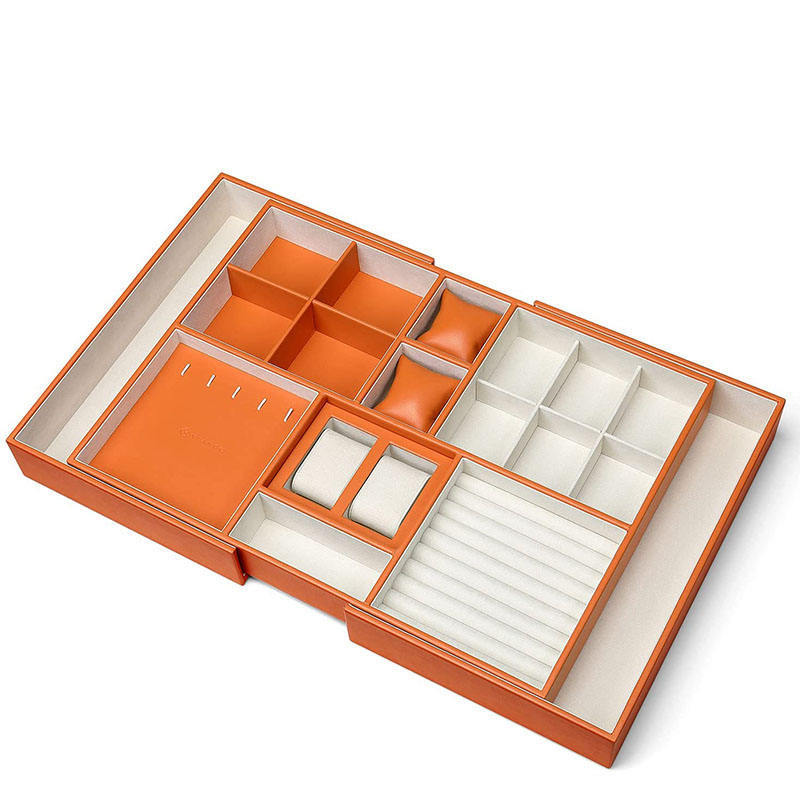 Custom Orange Pu Leather Retractable Closet Wardrobe Cabinet Drawer Desktop Watch Jewelry Display Storage Organizer Valet Tray