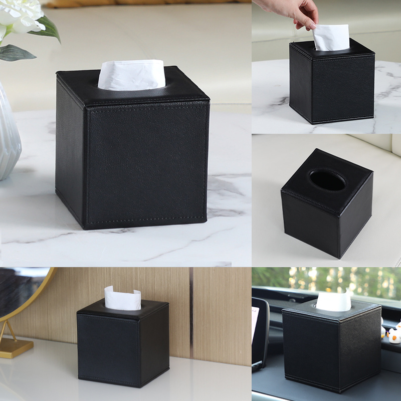 Unique Design Napkins Box Tissue Box Cover Nordic Modern Luxury Tissue Magnetic Bottom Waterproof Leather Lychee Pattern Black