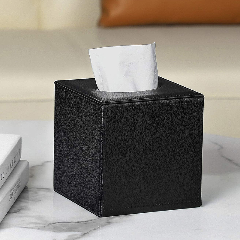 Unique Design Napkins Box Tissue Box Cover Nordic Modern Luxury Tissue Magnetic Bottom Waterproof Leather Lychee Pattern Black