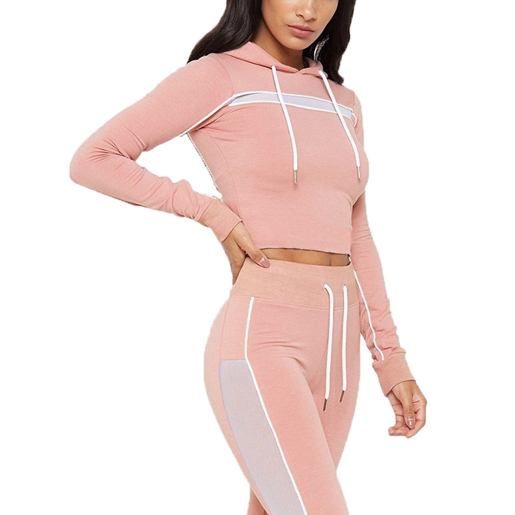 Two Piece Hooded Women's Tracksuit Workout Wear Pink Crop Top Sweat Suit