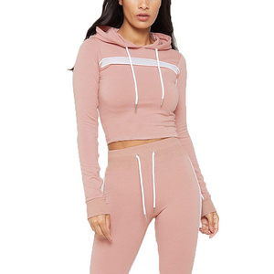 Two Piece Hooded Women's Tracksuit Workout Wear Pink Crop Top Sweat Suit