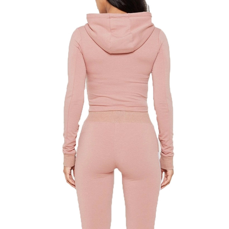 Two Piece Hooded Women's Tracksuit Workout Wear Pink Crop Top Sweat Suit