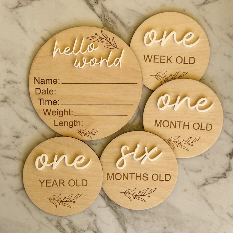 Hello World Birth Announcement Sign Modern Wood Engraved Round Plaque Baby Milestones Card