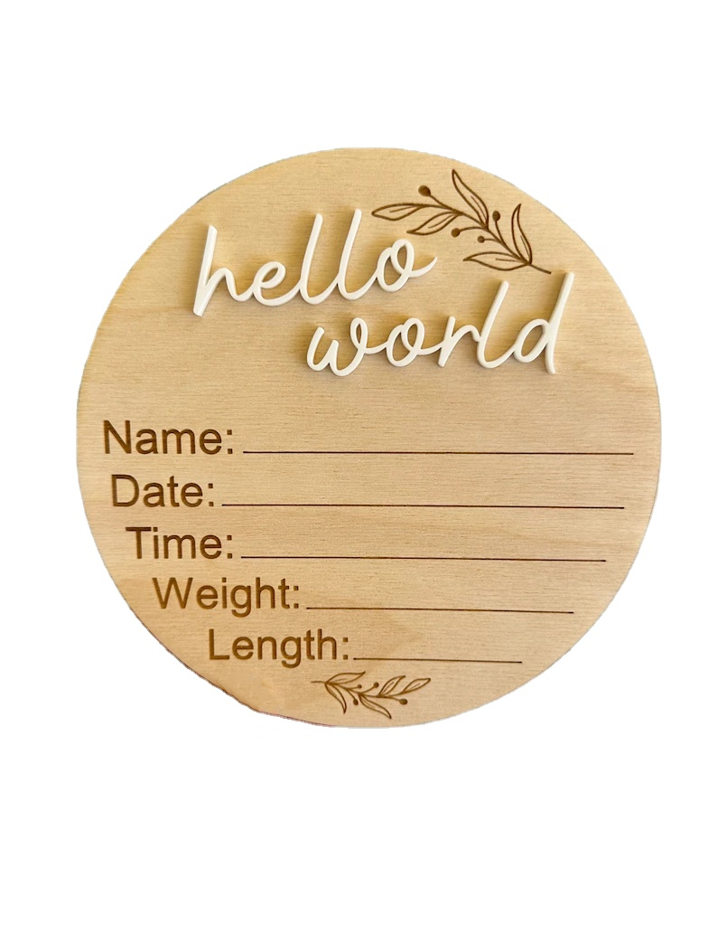 Hello World Birth Announcement Sign Modern Wood Engraved Round Plaque Baby Milestones Card