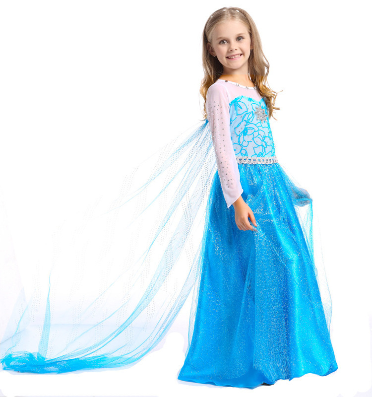 Q89  Hot Selling Children Wear Kids Role Play Halloween Party Long Frock Frozen Elsa Cosplay Dress For Kids