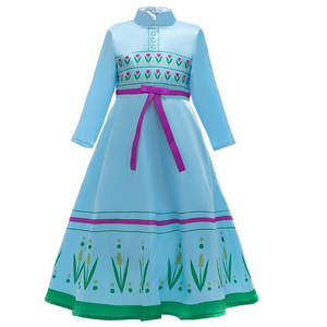 D0075  Children Frozen Queen Cosplay Elsa Anna Dress Frozen 2 Long Sleeves Kids Princess Cosplay Party Dress