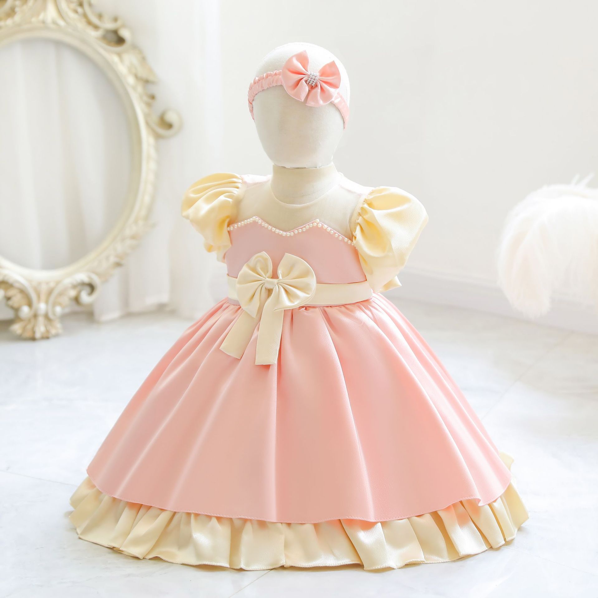 BD128 Beaded Tulle Flower Girl Dress Pearl Infant Toddler Party Frock Beautiful Princess Dresses For Children