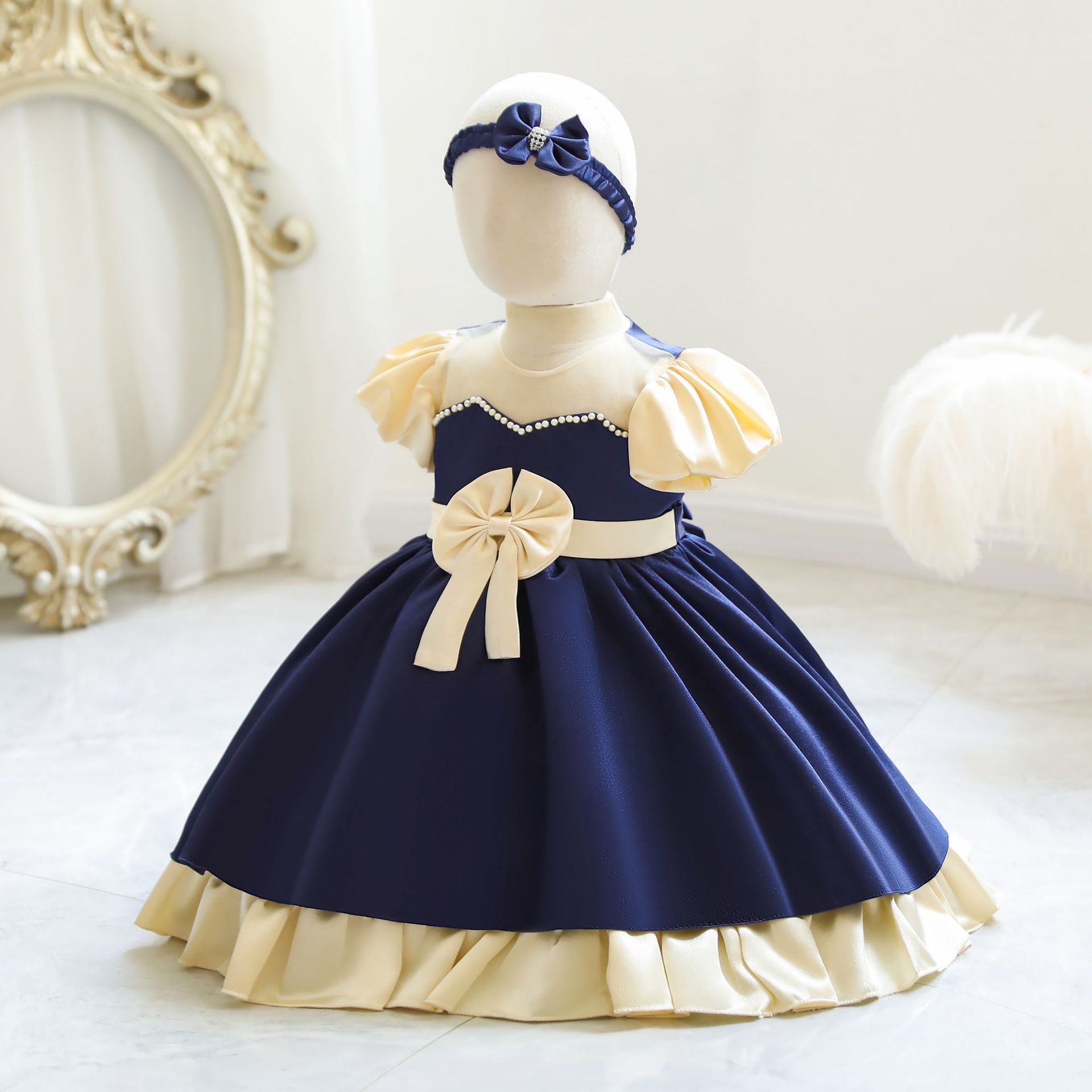 BD128 Beaded Tulle Flower Girl Dress Pearl Infant Toddler Party Frock Beautiful Princess Dresses For Children