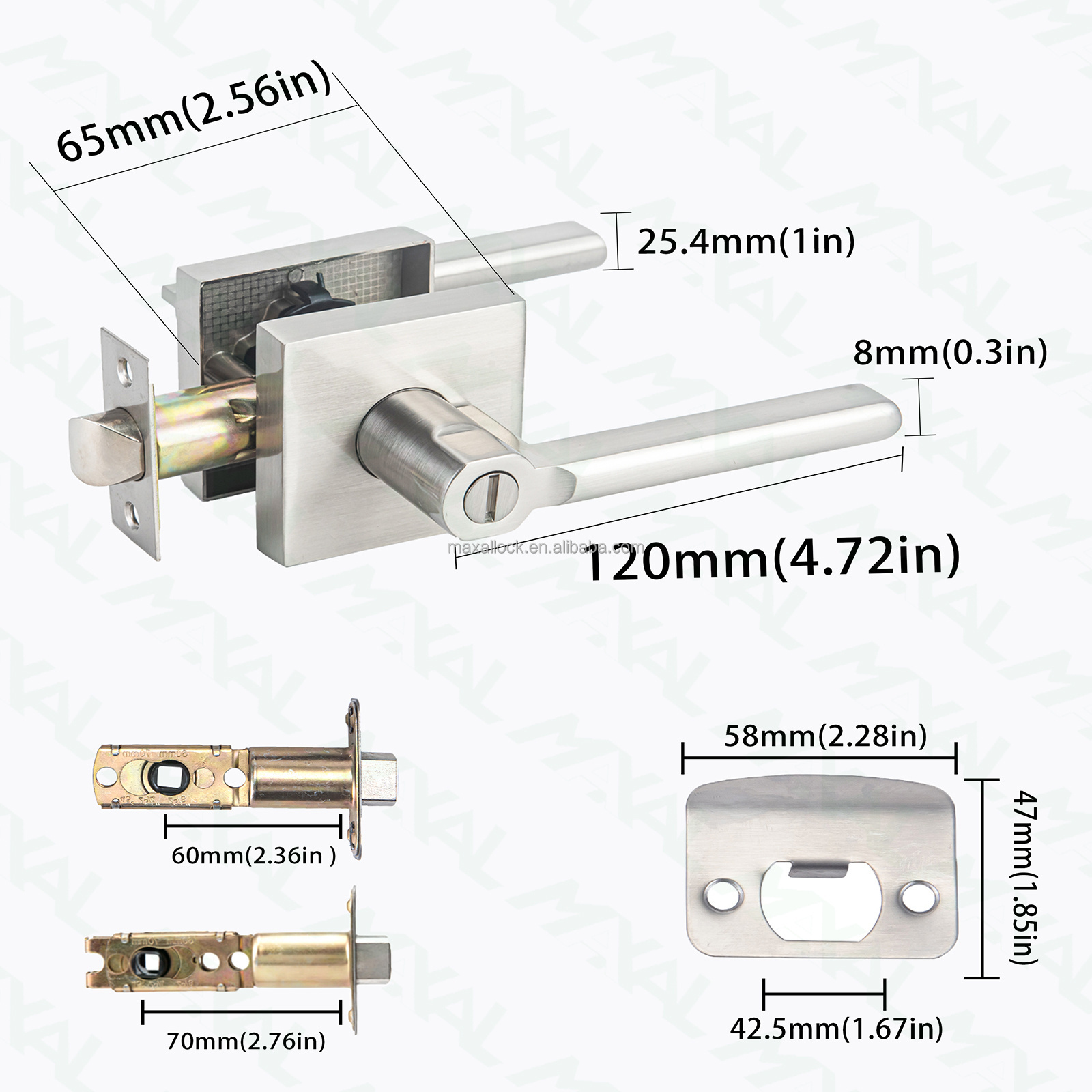 Square Entry Passage  Door Lock Handle with Keys Satin Nickel Interior Door Lever handle