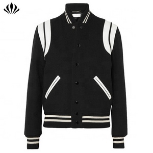 Wholesale factory leather trimmed jacket wool blend custom Unisex bomber jacket with striped ribbing