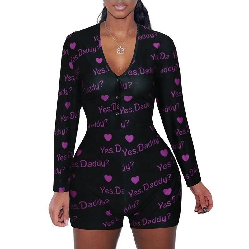 Custom Long Sleeve Bodysuit Yes Daddy Printing Sexy Pajamas Summer Adult V-neck Jumpsuit Onesie for Women