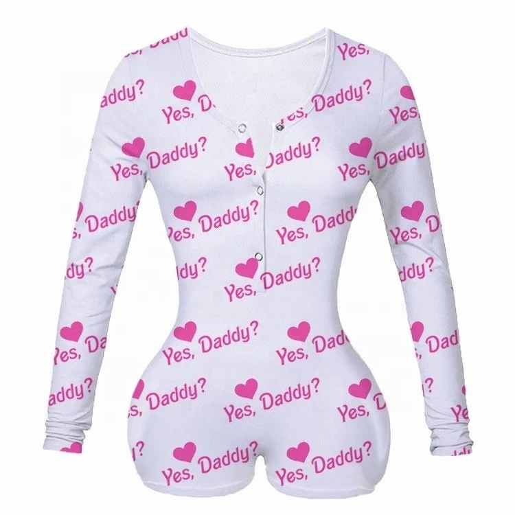 Custom Long Sleeve Bodysuit Yes Daddy Printing Sexy Pajamas Summer Adult V-neck Jumpsuit Onesie for Women